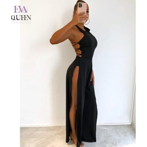 EvaQueen Solid Hollow Out Club Summer Jumpsuits Women High Split Lace Up Casual Overalls Backless High Waist Sexy Party Rompers