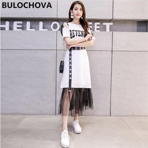 Women Printed Letters Long T-Shirt Hole Tops + Mesh Skirt 2 Pieces Sets Conjuntos 2021 Summer Hot Sales Belt Skirt Suits XL