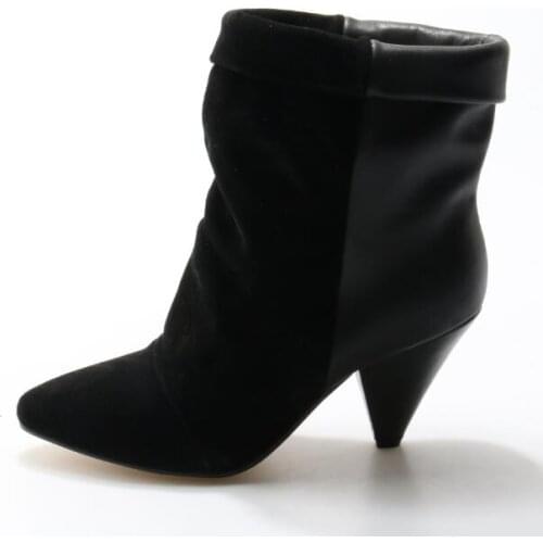 YUE JABON Brand Black Suede Fold-Over Ankle Boot Pointed Toe Cone Heel Bootie Woman 2021 Spring Winter Dress Shoes Real Photo
