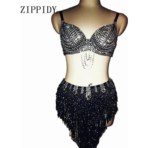 Black White 2-piece Set Womens Sexy Costumes Rhinestones Bra Tassel Short Prom Party Stage Wear Dance Show Sexy Outfit