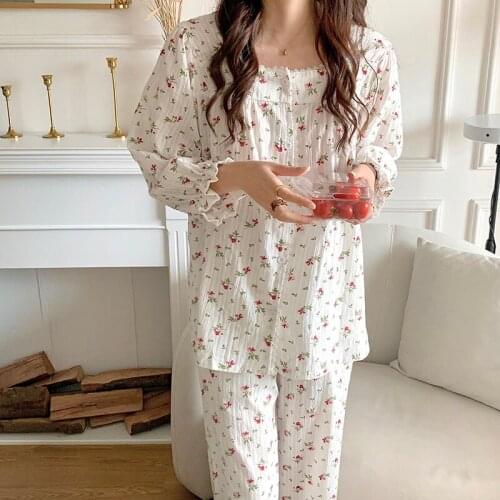 Square collar elegant loose floral print homewear women pajama set sleepwear two piece set autumn spring long sleeve pants L405