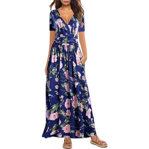 Spring Summer Womens Floral Printed Casual maxi Dress Pure Color Prairie Chic Short sleeve pockets Casual Plus size Beach dress