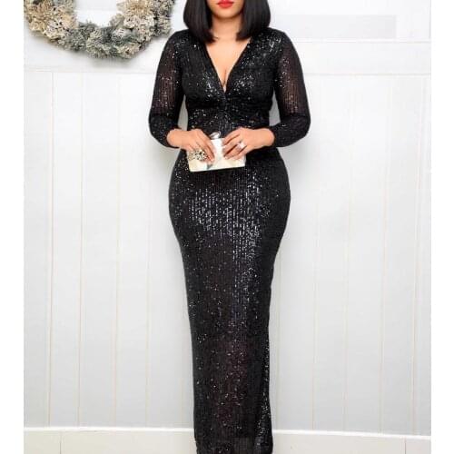 Sexy V-Neck Mermaid Evening Dress Long Formal Prom Party Gown Full Sequins Long Sleeve Galadress Vestidos Women Dresses 2021