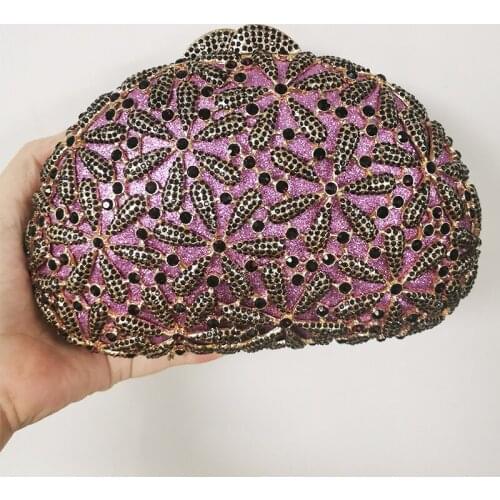WHTUOHENG Mini Gold Metal Evening Clutch Bags Purple Diamond Clutches Luxury Flower Pattern Money Party Purse Shoulder Handbags