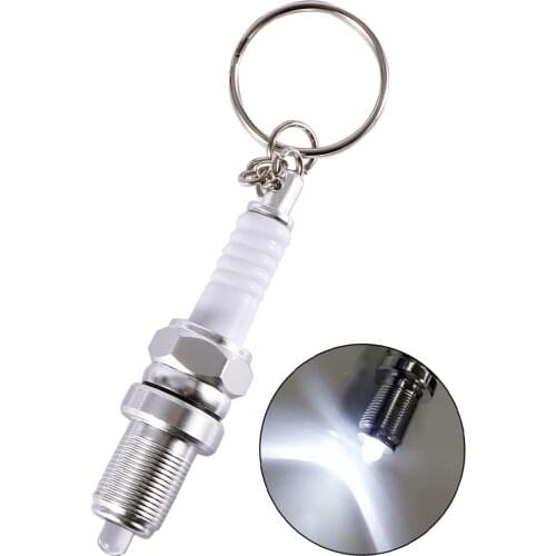 1pcs White Metal LED Creative Flashlight Keychain Buckle Universal Car Parts Modified Spark Plug Style Keyring
