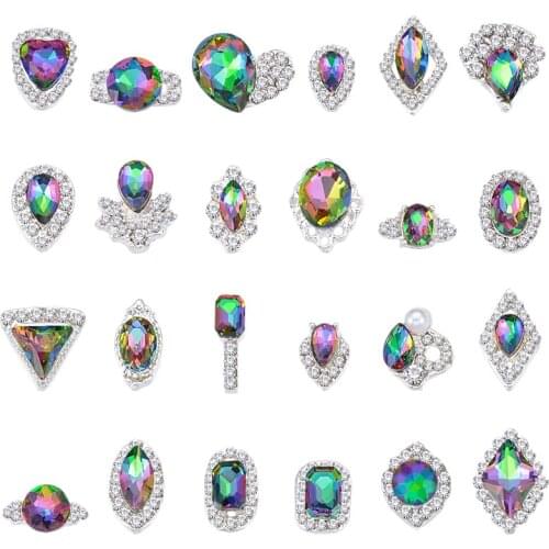 100 Pcs Different Shapes Colorful AB Iridescent 3D Crystals Diamonds Large Rhinestones Bow Silver Metal Charms Gems Stones 98896