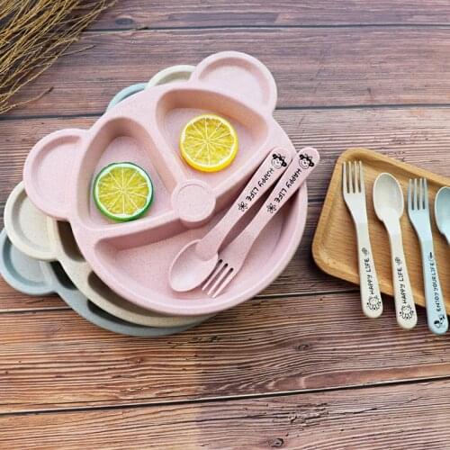 2020 Baby Dishes Drop Resistance Wheat Straw Children Cartoon Tableware Set Baby Dinner Plate Feeding Bowl Set Blue Pink Green