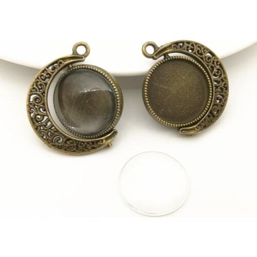 5 set Antique Bronze Metal Moon Fit 18mm Double Side Round Cabochon Pendant Setting Vintage Blank Charms+Clear Glass Cabochons