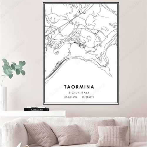 Black and White City Map The Taormina City Map Poster HD Print Wall Art Canvas Nordic Landscape Painting for Home Decor