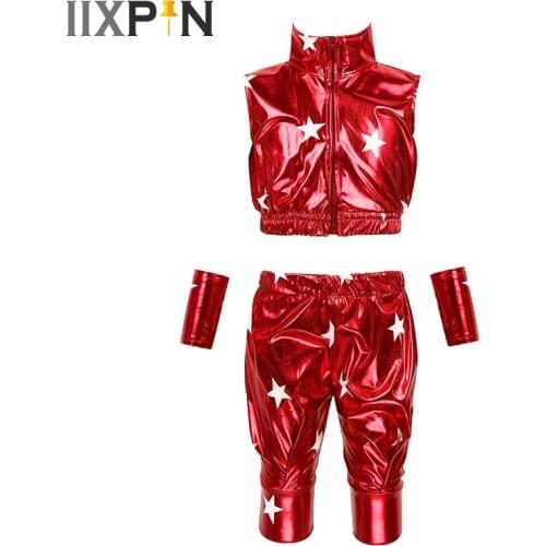 Kids Boys Girls Modern Hip-hop Jazz dance costume rave Outfit Star Metallic Sleeveless Zipper Crop Top with Pants Wrist Sleeves