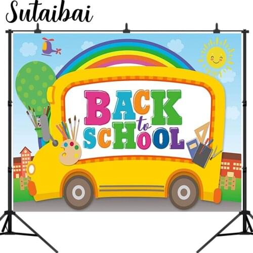 Back To School Backdrop Welcome Student First Day of School Kindergarten Preschool Online Teaching Party Bus Rainbow Background