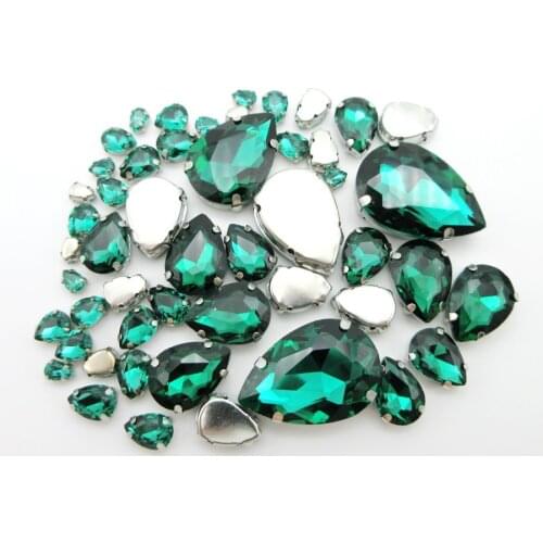 Emerald glass crystal strass mix water drop shape 7 sizes silver claw flatback sew on rhinestones beads garment accessories diy