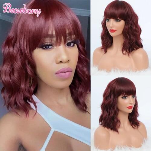Beauebony Synthetic Wig Red Burgundy Wig Short Bob Wig With Bangs Red Hair Wigs For Women Synthetic Hair Cosplay Daily Use Wig