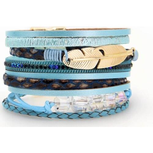 Fashion Braid Leather Bracelets For Women Multilayer Wrap Feather Beading Magnetic Clasps Women Bracelet Armband Bangle Jewelry