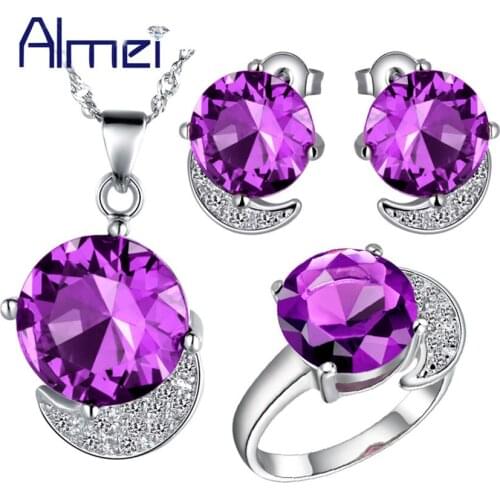 Almei Jewelry Sets Lady Jewellery Silver Zircon Round Purple Crystal Necklaces Wedding Party Jewellery Set For Women Gifts T218