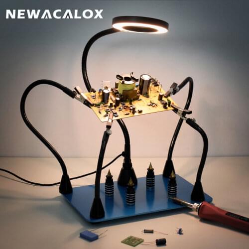 NEWACALOX Soldering Holder Third Hand Tool Magnetic Flexible Arm PCB Fixture Clips 3X USB Illuminated Magnifier for Welding Tool