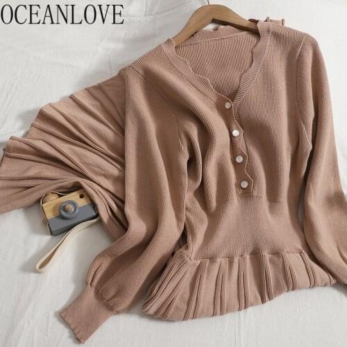 OCEANLOVE Robe Femme Knitting Solid V Neck Vintage Autumn Winter Dress for Women 2021 High Waist Elegant Vestidos Korean