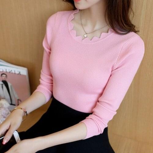 Autumn and winter college style new womens fashion inside the body with solid color irregular collar knit long sleeve sweater