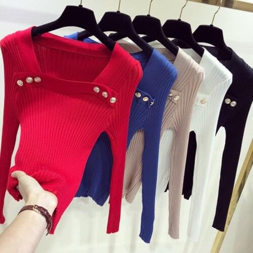 Buttons Pullovers Sweaters Women Knitted Slim Stretchy Pullover Sweater Female Full Sleeve Tops Clothing 9-1123
