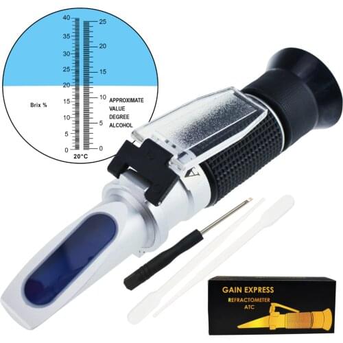 Grape Fruit Juice Alcohol Refractometer w/ ATC, Handheld Optical Meter Tester Dual Scale 0-25% VOL 0-40% Brix Glucose Winemakers