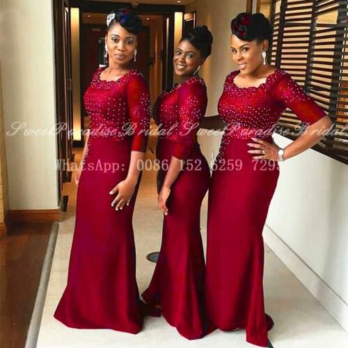 Luxury Beads Mermaid Bridesmaid Dresses Red Lace Appliques Sheer Half Sleeves Scoop Neck Women Long Wedding Party Dress Formal