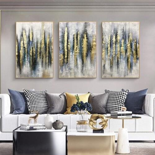 Hand Painted Gold Abstract Painting On Canvas Wall Art Pictures For Living Room Home Decoration Three Pieces Decorative