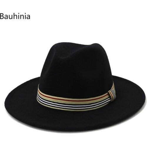 Bauhinia Winter Autumn Wool Vintage Women Men Felt Fedora Hat With Striped Ribbon Gentleman Elegant Panama Top Jazz Hat