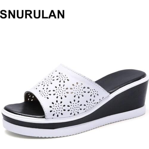 SNURULANGenuine leather hollow out women slippers shoes summer platform wedge female slippers without lace slides women high hee