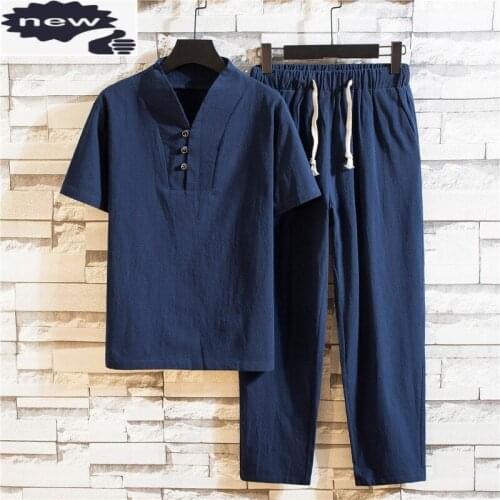 Vintage Mens Summer Cotton Linen Plus Size 5XL Two Piece Sets Short Sleeve V-Neck T-Shirts Elastic Waist Joggers Male Tracksuit