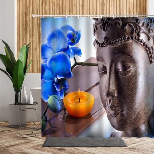 3D Buddha Statue Pattern Bathroom Shower Curtain Blue Orchids Flower Candle Spa Bath Decor Floral Printed Cloth Zen Curtains Set