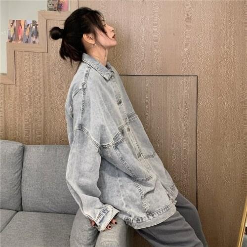 Women Korean Style Solid Design Single Breasted Retro Oversize Loose Button Jacket Coats Casual Denim Pocket Coat Chic Tops