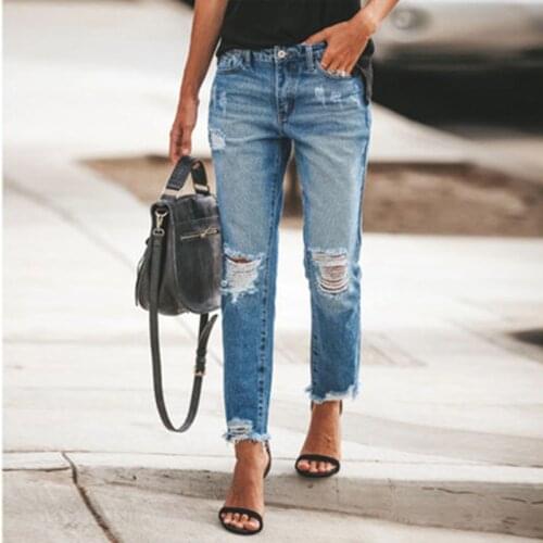 2021 Newest Hot Womens Stretch Skinny Ripped Hole Washed Denim Jeans Female Slim Trousers High Waist Pencil Pants Trousers