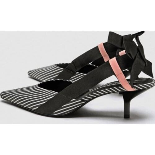 Vogue Stripe Kitten Heel Women Mules Pointed Toe Bowtie Women Sandals High Heels Summer Slip On Shoes Women SWC0002