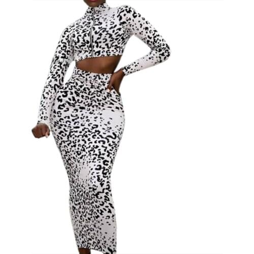 2 Pieces Set Women 2019 Sexy Bodycon Sets Long Sleeve Zipper Tops + Sexy Leopard Pencil Dress Party Night Club Dresses Vestidos