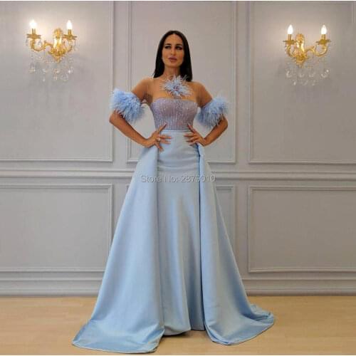 New Arrival Sky Blue A-Line Scoop Long Evening Dress Satin Tulle Floor-Length Short Sleeves Beaded Feathers Formal Dress Zipper