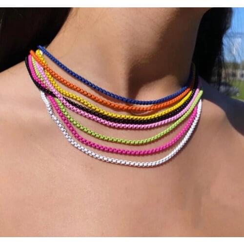 2021 Hot Statement Copper Enamel Boho Rainbow Color Box Chain Choker Necklace For Women Girl Collier femme Summer Bijoux
