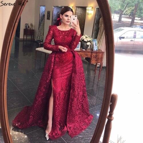 Serene Hill Wine Red O-Neck Beading Long Sleeves Mermaid Evening Gowns Formal Party Dresses 2021 DLA70406