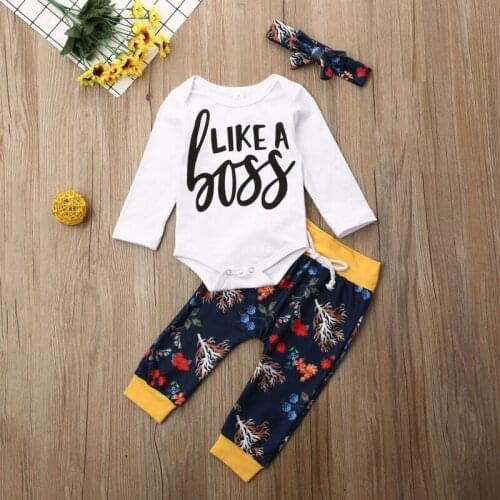 3PCS Newborn Baby Girl Boy Winter Clothes Outfits Warm Bodysuit+Floral Pants Set With Bow Headband Letter Print Suit