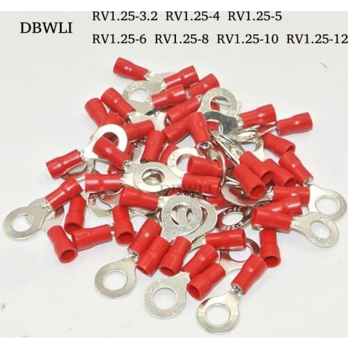 50PCS 22-16AWG #4 #6 #8 #10 1/4 5/16 3/8 1/2 RV1.25-4 Wire Ring Terminals Red Connectors Cable Wire Connector Crimp Terminal