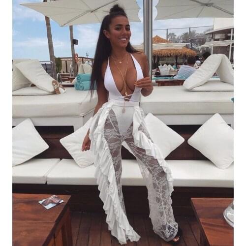 Trousers for Women Lace Patchwork Female Pencil Pants Ruffle See Through High Waist Fashion Clothes Bottom Trouser Summer Autumn