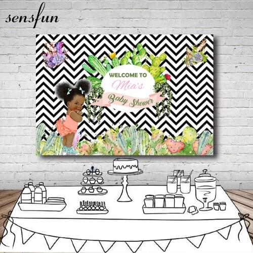 Sensfun Baby Shower Girls 1st Birthday Party Backdrop Black And White Wave Striped Cactus Backgrounds For Photo Studio 7x5FT