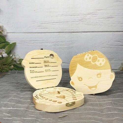 Baby Milk Teeth Box Spanish English Russion Baby Wood Tooth Box Baby Tooth Organizer Kids Deciduous Storage teeth box