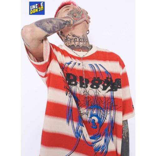 UNCLEDONJM Striped anime t shirt oversized t shirt Hip Hop Streetwear Tshirt Harajuku Summer Short Sleeve T-Shirt Anime LSD03