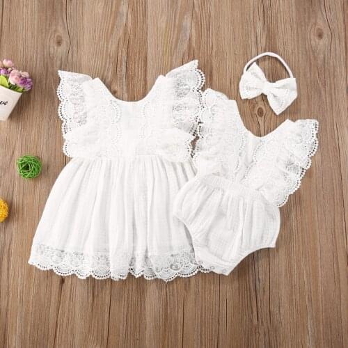 Matching Sisters Clothes Fly Sleeve Lace Romper+Headband 2-piece Outfit Set Fly Sleeve Lace White Dress