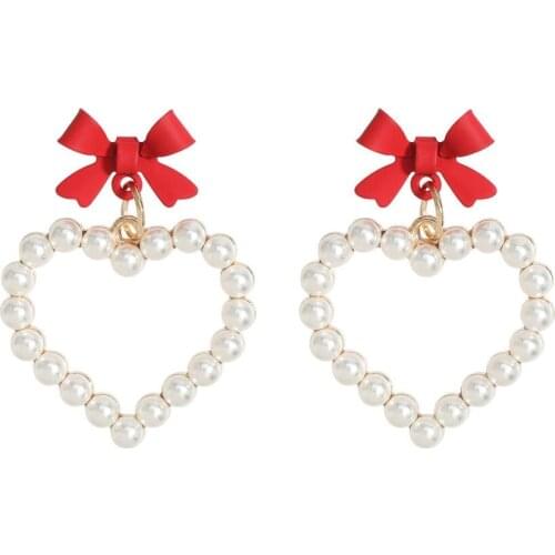 Heart Earrings Fashion Alloy Spray-painted Bowknot Love Heart-shaped Imitation Pearl Earrings Female Trend Beautiful Earrings