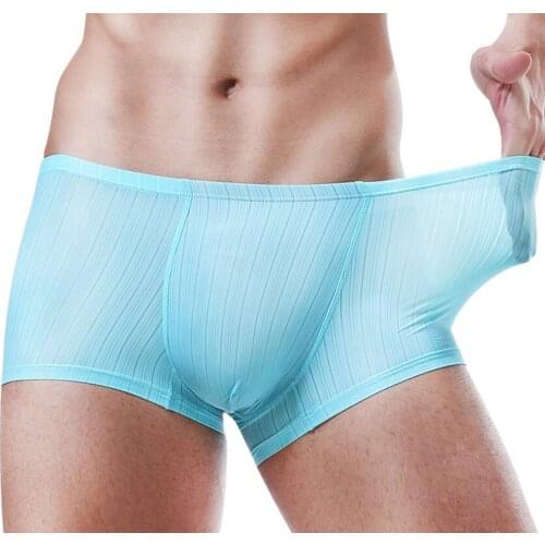 Mens Boxers Sexy Gay Underwear Cueca Ice Silk Underpants Male Solid Breathable Seamless Panties For Man Penis Homme Plus Size