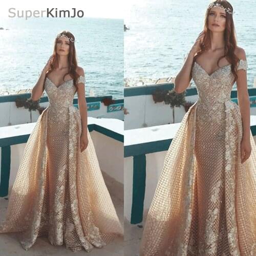 New arrival evening dresses v neck off the shoulder sequins lace appliques detachable train evening gowns prom dresses arabic