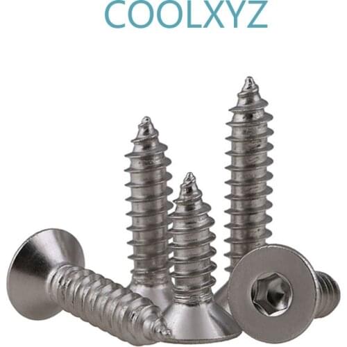 CoolXYZ 304 Stainless Steel Flat Head Hexagon Socket Wood Screw KA Hex Socket Countersunk Head Self Tapping Screw M3M4M5M 10Pcs