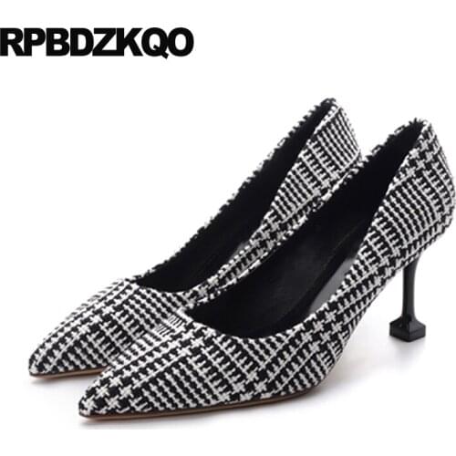 Scarpin Size 4 34 2018 Pointed Toe Novelty Big Women Pumps Shoes Strange 3 Inch 33 High Heels Multi Colored Gingham Houndstooth