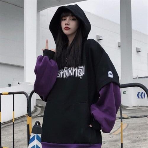 Focal20 Streetwear Harajuku Letter Patchwork Hooded Sweatshirts Fake 2 Pieces Women Hoodies Loose Autumn Female Pullovers Tops